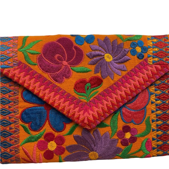 Orange Floral Embroidered Clutch Purse, New, Mexican Style - Picture 7 of 8